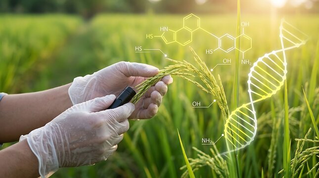 Close-up of hands gently holding a bundle of green rice stalks with chemical structure overlay