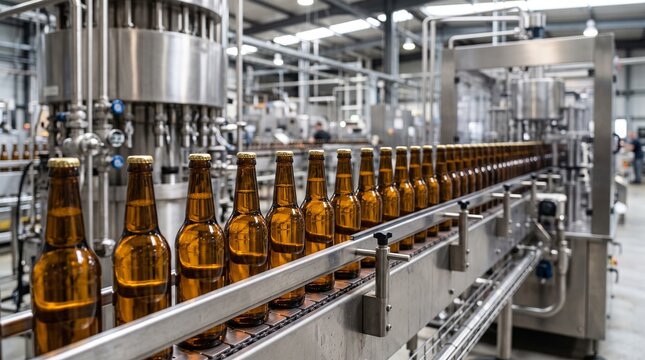 Industrial Bottling Line with Moving Glass Bottles on Conveyor