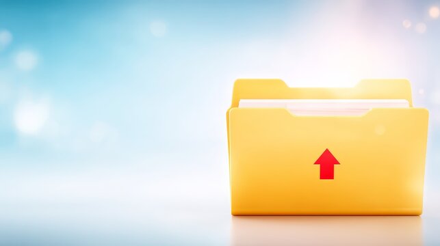 Yellow folder with red upload arrow icon representing digital data transfer and organization concept