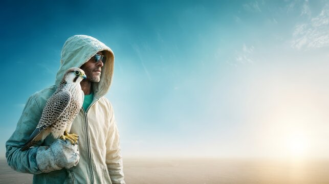 Man in hooded jacket holding majestic falcon under the vast blue sky at sunset