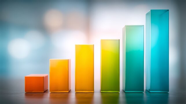 Abstract colorful glass bar graph showing progressive financial growth concept with depth of field and bright soft background lighting
