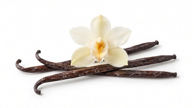 Natural vanilla pods with delicate orchid flower isolated on white background, aromatic spice ingredient for baking, desserts, flavoring, cooking, fragrance and culinary concepts