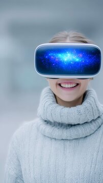 Happy woman experiencing immersive virtual reality with galaxy view smiling person wearing headset displaying vibrant cosmic galaxy background