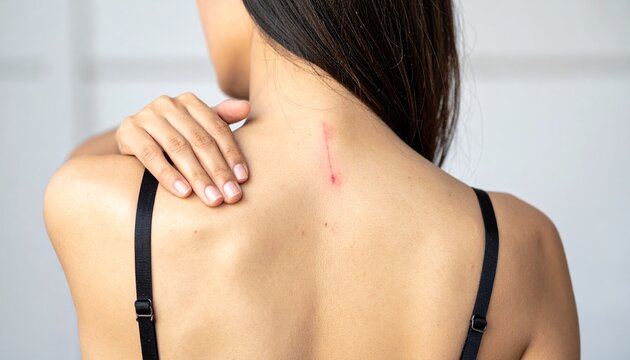 Woman touching scar on back, body positivity concept for healing and self acceptance