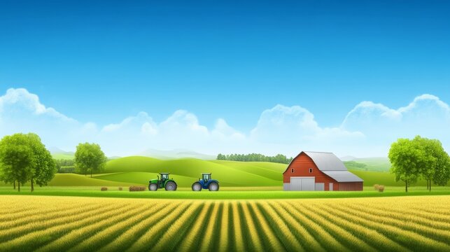 Illustration of rural landscape with green fields and red barn with tractors under clear blue summer sky for agriculture design