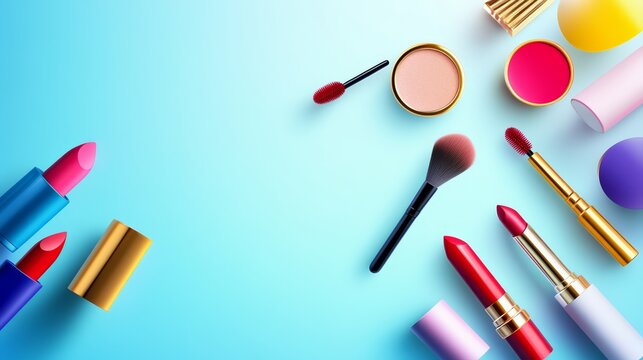 Professional makeup collection layout featuring vibrant lipsticks brushes and cosmetic compacts on bright light blue background
