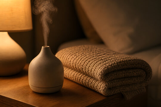 Ceramic diffuser with vapor on bedside table