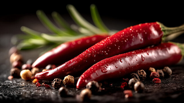 Fresh red chili peppers with peppercorns and rosemary on dark textured surface, peppercorns