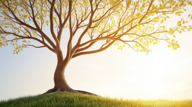Majestic tree with golden autumn leaves standing on grassy hill during bright sunny day with natural light flare
