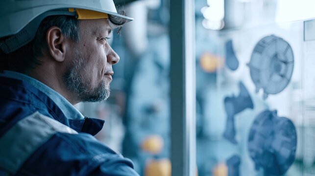 Marine engineer reviewing technical blueprints in industrial setting