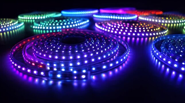 Colorful LED Strip Lights Coiled in Dark Environment