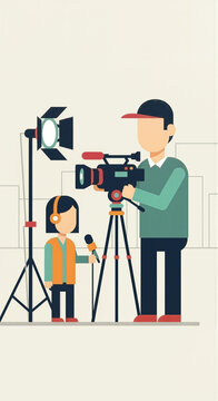 A cameraman films a young reporter holding a microphone with a spotlight in the background.