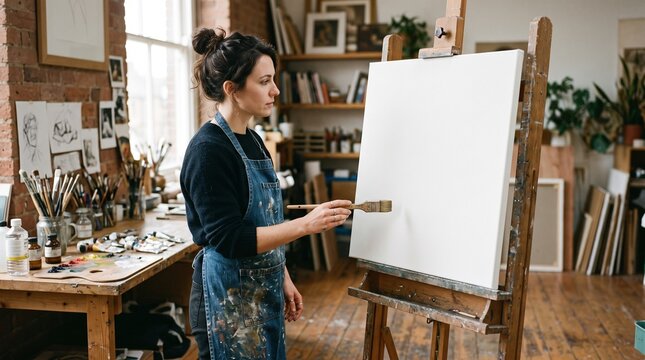 Artist in studio preparing to paint on a blank canvas with brushes and paints