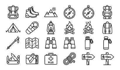 Fototapeta premium Camping and Outdoor Adventure Line Icon Set with Hiking Mountain Travel and Survival Gear