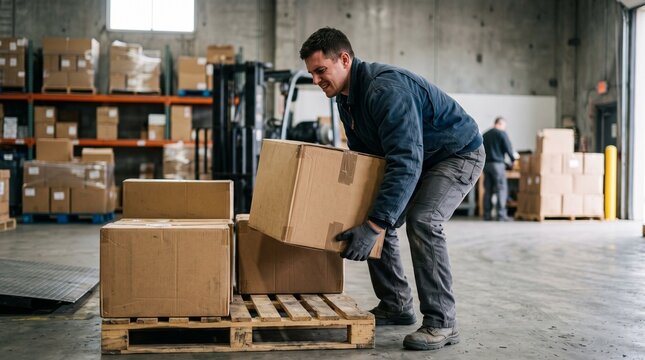 Warehouse worker lifting heavy cardboard box with proper technique