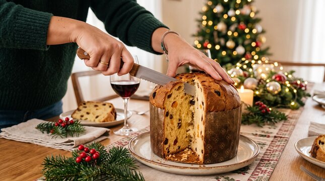 Person slicing a traditional panettone cake on a festive Christmas table