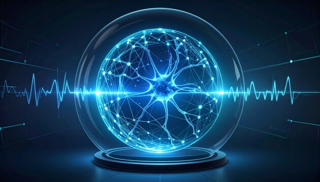Glowing Neuron with Pulse Waveform Inside a Glass Sphere, Blue and Cyan Tones
