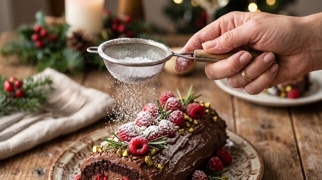 Hand dusting chocolate yule log cake with powdered sugar for Christmas