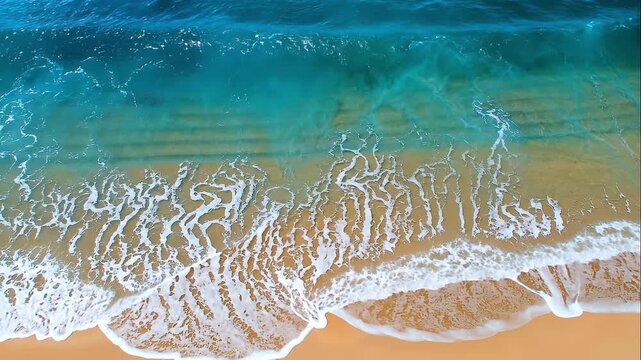 Aerial View of Clear Turquoise Ocean Waves Rolling Over a Golden Sandy Beach Creating Beautiful Natural Foam Patterns and Coastal Textures.