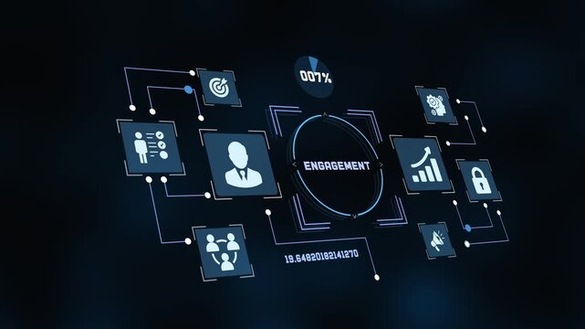 Engagement concept with digital business icons, data analysis, strategy graph, and cyber technology icons on dark background