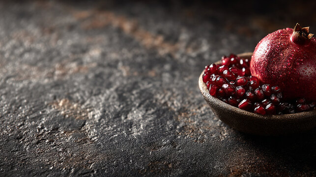 Fresh pomegranate fruit with red seeds in a bowl on a dark rustic textured stone background