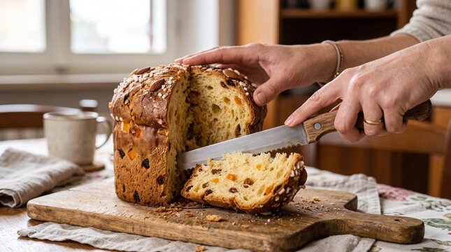 Person slicing a traditional panettone cake with dried fruits and nuts on a wooden board