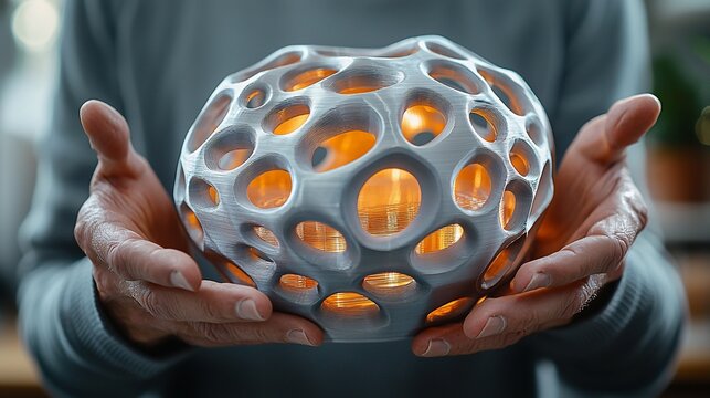 Hands holding illuminated 3D-printed sphere, home decor