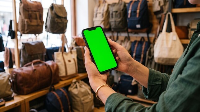 Person holding a green screen smartphone in a store with bags on display