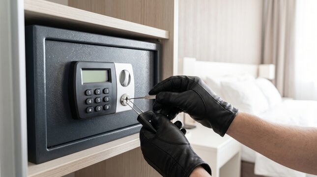 Burglar in black gloves picking safe lock in hotel