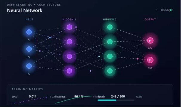 Deep learning neural network architecture training animation displaying input hidden output layers and live training metrics HUD