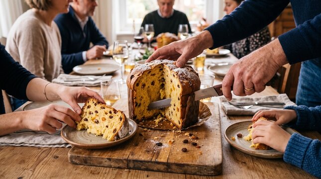 Family gathering to slice and share a traditional panettone cake at a festive meal