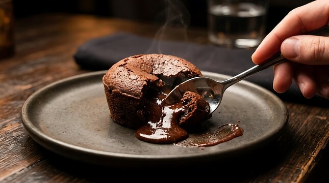 Hot chocolate lava cake with molten center on a plate