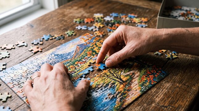 Hands assembling a landscape puzzle on a wooden table