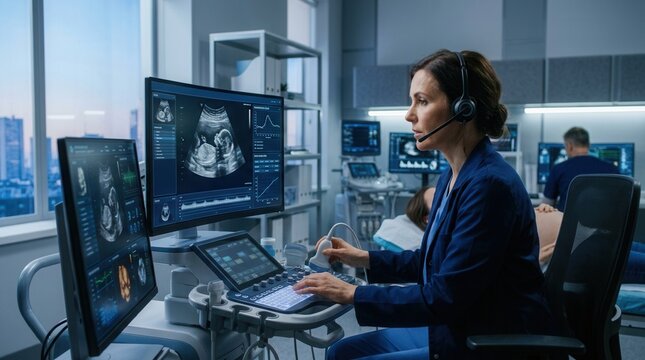 Professional Sonographer Performing Ultrasound Examination In Modern Clinic