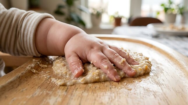 Baby hand squishing porridge on a wooden tray