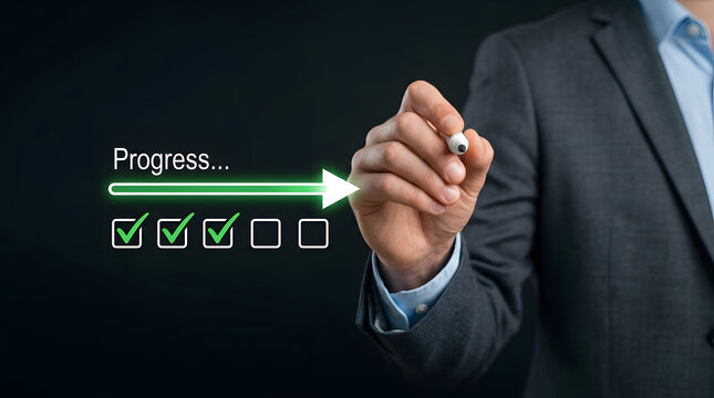 Professional businessman in a suit drawing a glowing green progress bar with three checkmarks and two empty boxes on a dark background using a whiteboard marker featuring hand, writing and checkbox