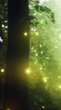 Green leaves surround the scene as light filters through tall trees. Glowing spots appear softly in the air, creating a natural display in the forest during the evening hours.