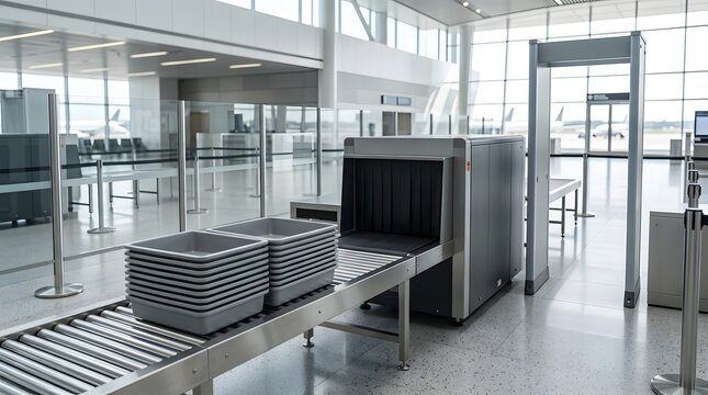 Empty airport security checkpoint with xray machine and trays