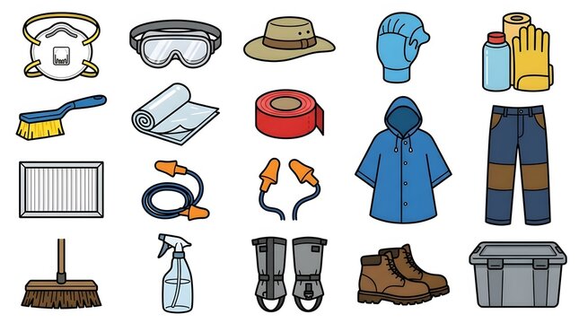 Cleanup and protective clothing disaster kit vector set