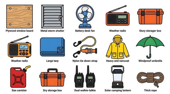 Hurricane and storm prep disaster kit vector items