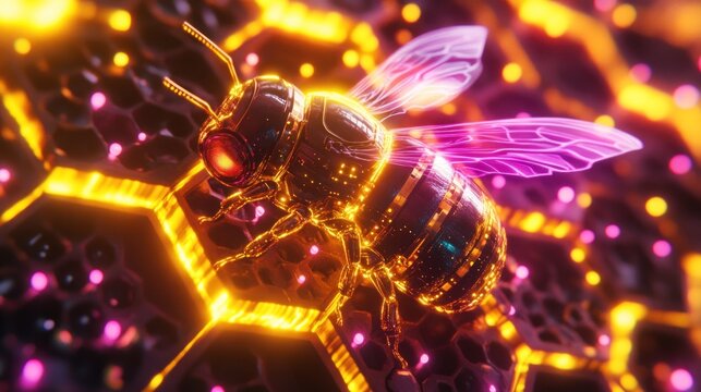 Futuristic glowing bee in honeycomb