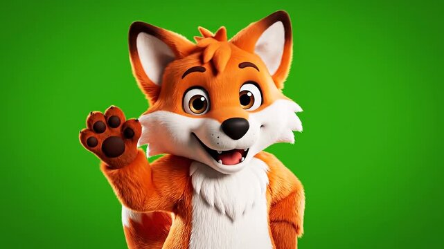 Friendly Cartoon Fox Mascot Waving Hello Isolated on a Green Screen Background