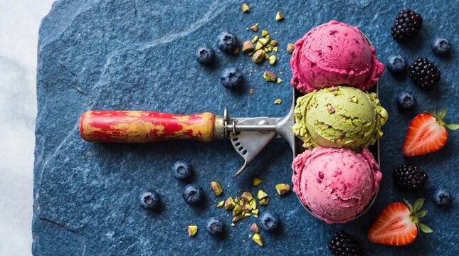 Assorted ice cream on scoop and fresh fruits