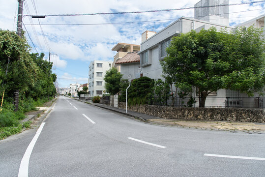木々や電柱や家々が両側にある住宅地の片道一車線のカーブしている道