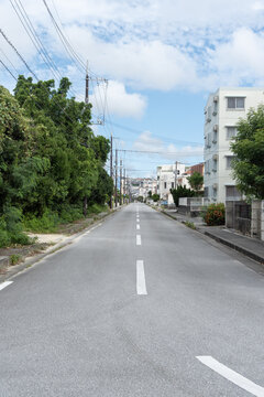 木々や電柱や家々が両側にある住宅地の片道一車線の直線の道