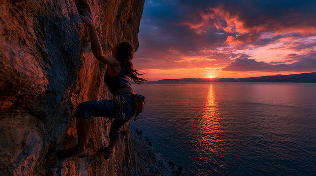 Rock climber hanging on cliff face at sunset with climbing mountain adventure