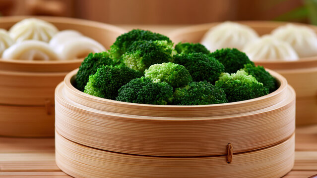 Steamed broccoli in bamboo basket, healthy dim sum style presentation with soft background and fresh green vegetable texture