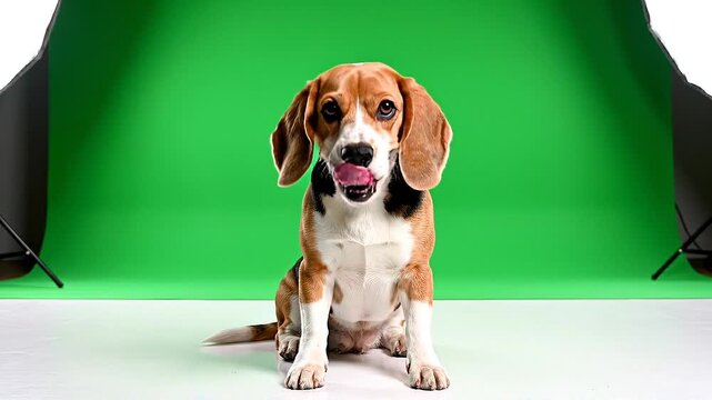 Portrait of a beagle dog sitting still in a professional photo studio with a green screen background for chroma key