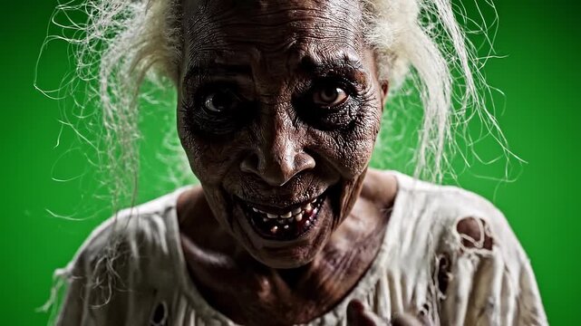 Creepy horror character portrait of an elderly woman in a tattered costume captured from a front-facing perspective