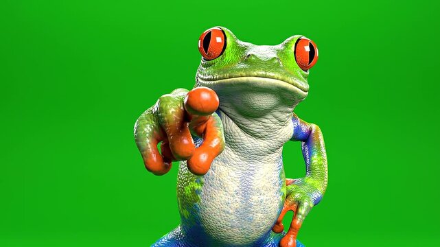 A funny red-eyed tree frog standing upright in a confident pose against a vibrant green studio backdrop for a creative character design project